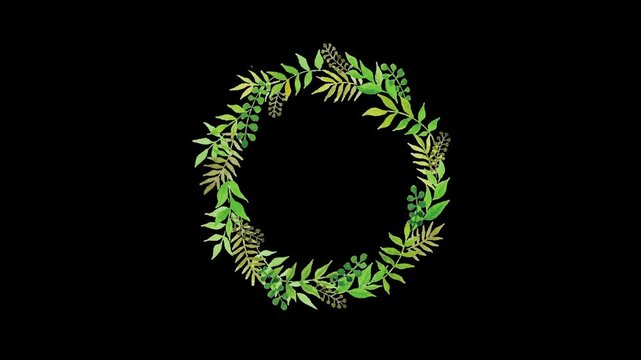 Animated circular frame of green watercolor leaves rotating on black