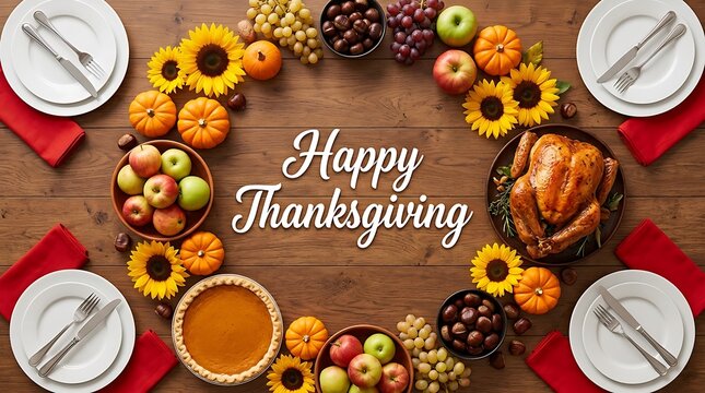 A festive overhead view of a traditional thanksgiving turkey dinner table setting decorated with autumn fruits and fall flowers
