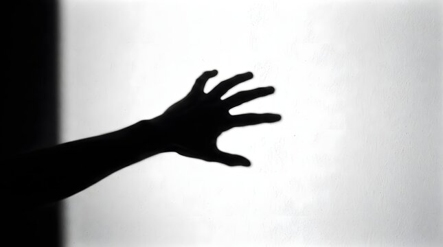 Dramatic shadow of a reaching hand against a bright white wall creating tension