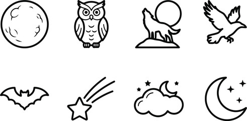 Fototapeta premium Set of simple black line icons featuring night sky elements animals and moon phases