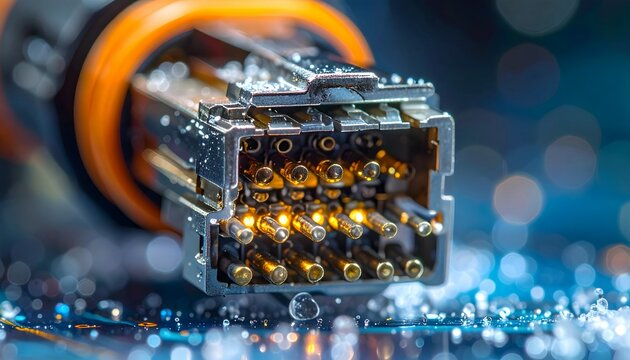 Close-up of a high-performance electrical connector with water droplets and glowing elements