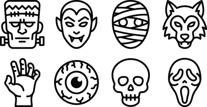 Set of halloween horror monster icons featuring frankenstein vampire mummy and spooky skull designs