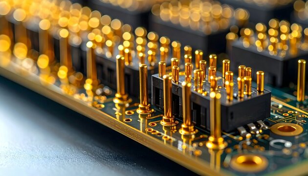 Close-up of a computer circuit board with gold-plated pins and electronic components