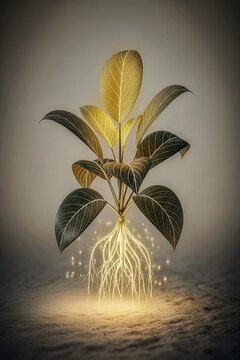 Conceptual potted plant with glowing luminous roots floating over sand