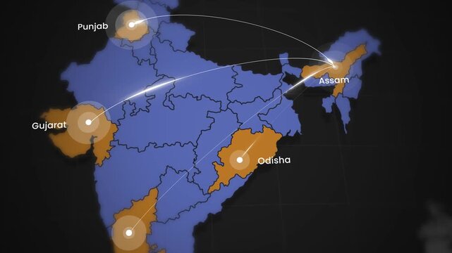 Animated map of India showing network connections originating from Assam