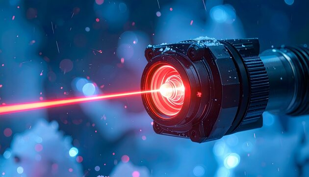 Laser Beam Emitting from Scientific Device with Blue Bokeh Background