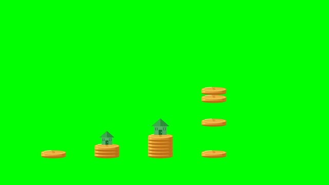 Four gold coin stacks build up one by one while green houses grow on top of each taller stack in progressively larger sizes, then the houses shrink away first and the coins disassemble in a looping tw
