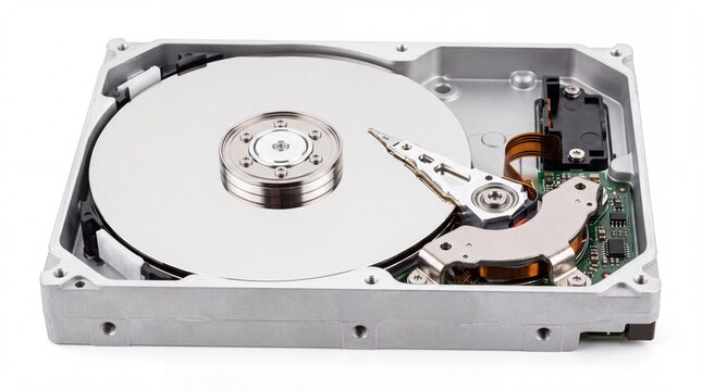 Internal computer hard drive storage device showing detailed magnetic disk platter components on white background