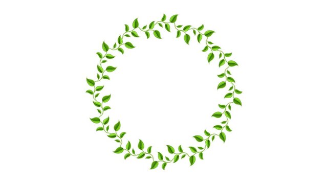 Animated circular wreath of green leaves rotating on white background