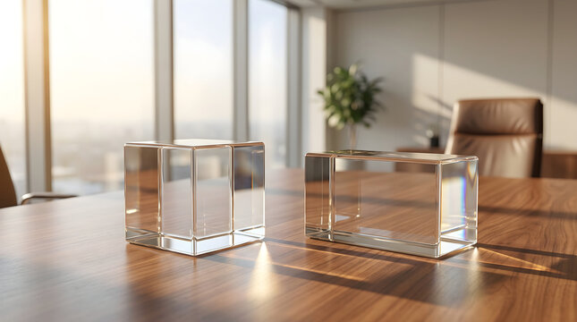 Honesty day concept featuring transparent glass blocks on a sleek wooden office table with sunlight.