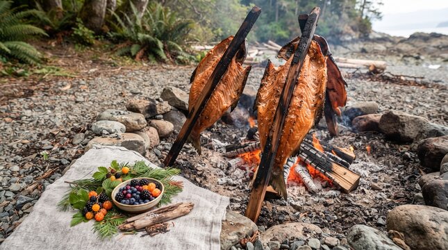 Coastal Native American Cedar Stake Salmon Cooking over Pit Embers