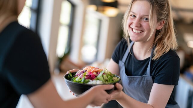 Smiling young woman serving poke bowl in apron, casual food service, healthy meal prep, restaurant menu and poke bowl catering use case