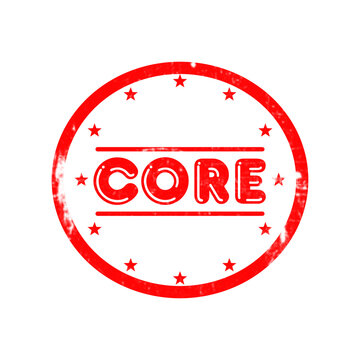 Red round core stamp logo design with stars and grungy texture for essential system component.