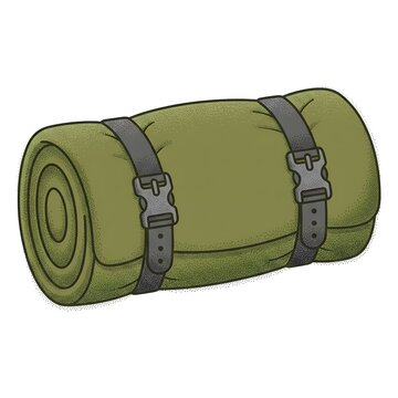 Green rolled sleeping pad with black straps isolated illustration