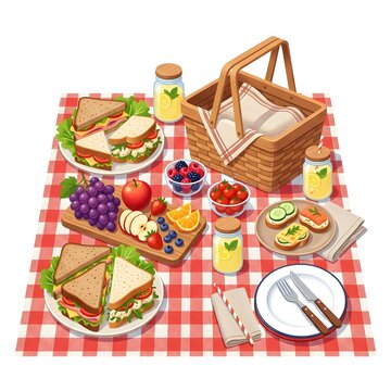 Picnic basket with sandwiches, fruits and lemonade on red checkered bl