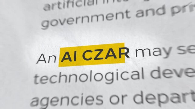 US President, AI Force, and AI Czar Highlighted Words in Headline. Artificial Intelligence Policy, AI Government Oversight, Technology Regulation, US Politics, Tech NEWS. 4K Motion Graphics