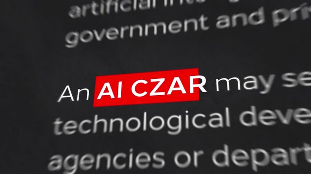 US President, AI Force, and AI Czar Highlighted Words in Headline on Dark. Artificial Intelligence Policy, AI Government Oversight, Technology Regulation, US Politics, Tech NEWS. 4K Motion Graphics