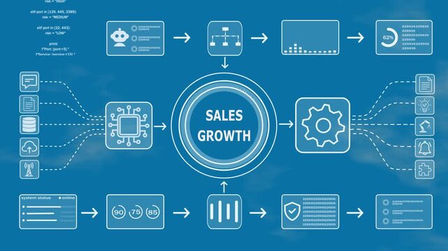 SALES GROWTH workflow automation system with intelligent data processing, business analytics, cloud integration, Technology background. 4k video