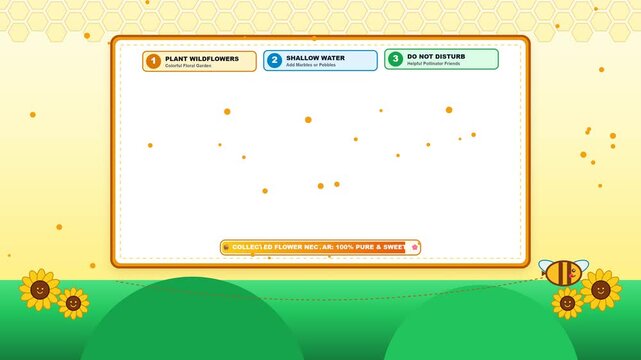 Educational animation or footage for children featuring a friendly bee character protecting a lush garden environment, teaching kids about nature conservation, ecology, and the ecosystem