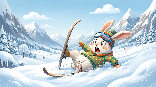 Clumsy cartoon bunny skiing on a snowy winter mountain slope