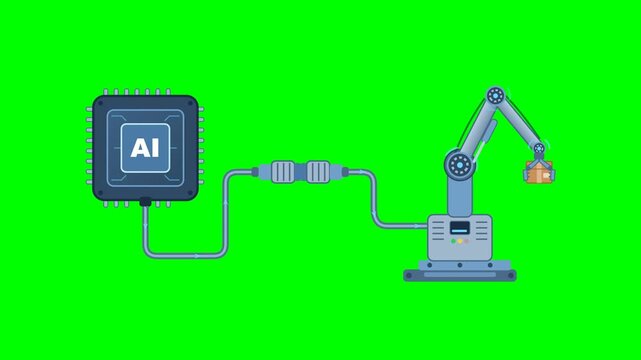 A processor chip cable plugs into a connector to power a robot arm whose claws clamp a cardboard box at its left and right sides and lift it to middle height, then the cable unplugs and the box drops