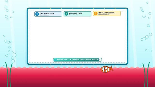 Animated Educational Background for Kids about Aquarium Fish Care Featuring a Blank Whiteboard with Instructions for Feeding, Oxygen, and No Glass Tapping and a Cute Swimming Clownfish Illustration