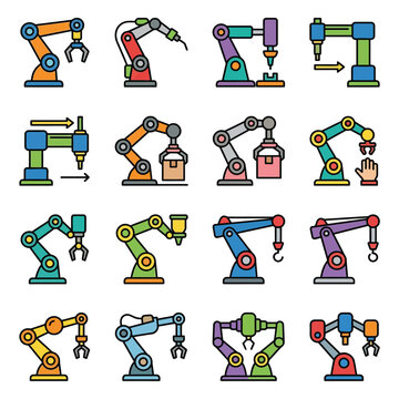 diverse set of robotic arms in flat design style industrial automation icons