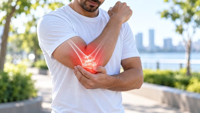 Man holding his painful elbow outdoors, showing joint pain and inflammation with a red glowing overlay highlighting the injury area