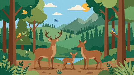 Obraz premium Deer in Forest Silhouette Vector Illustration - Wildlife Nature Landscape with Trees
