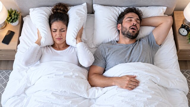 Frustrated woman covering her ears in bed while her husband sleeps soundly and loudly snores beside her in their bedroom at night