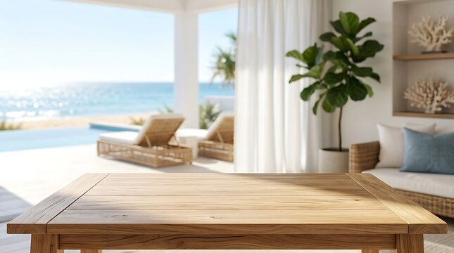 Empty wooden table top mockup with a blurred luxury beach villa background for product display and summer advertising design
