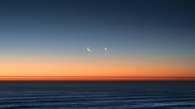 Crescent moon and star over ocean at sunset