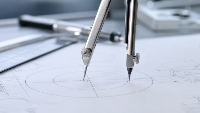 Close-up of a metal drafting compass drawing precise concentric circles on a technical blueprint with ruler and pencils