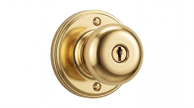 Shiny brass door knob with a circular backplate featuring a secure keyhole lock on white background