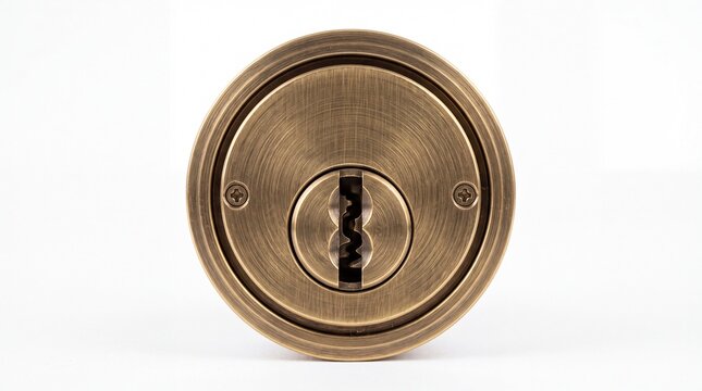 Antique brass round door lock cylinder with intricate metal texture isolated on white background