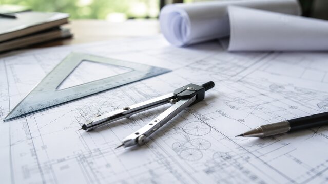 Architectural blueprints with compass, triangular ruler and technical pencil on a desk