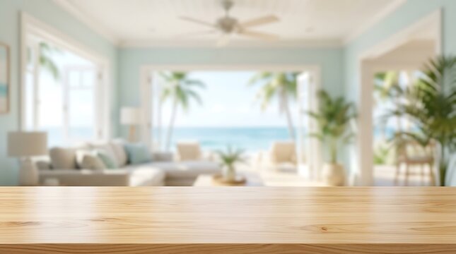 Empty wooden table top for product placement with blurred beach house living room background and tropical ocean view.
