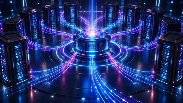 Futuristic circular data center with converging glowing fiber optic streams representing central network processing and high speed data transmission