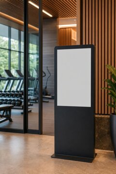 Blank digital kiosk mockup in modern hotel gym entrance