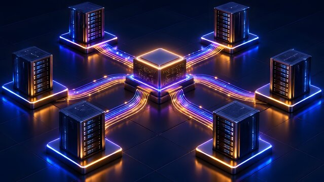 Centralized computing network topology concept featuring a main core data processor connecting multiple peripheral server nodes via glowing fiber optic streams
