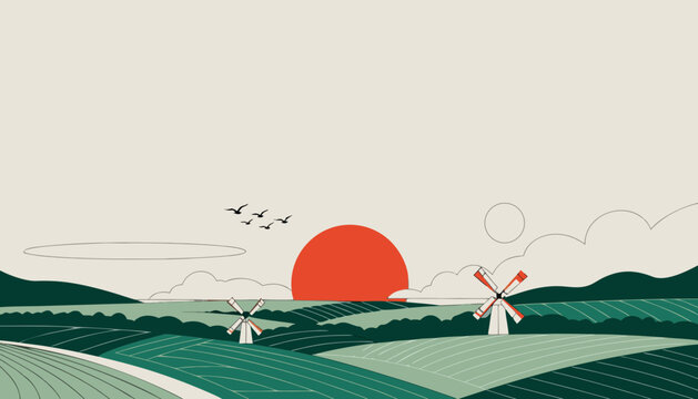 Minimalist vector illustration featuring rolling green hills with traditional windmills under a bright red setting sun