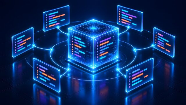 Futuristic digital data processing center cube surrounded by floating analytics dashboards and statistical charts for advanced business intelligence network