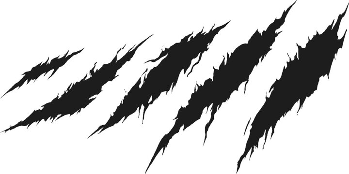 Black Grunge Claw Scratch Marks Set with Distressed Texture, Rough Scratches, Ink Strokes and Isolated White Background Vector.