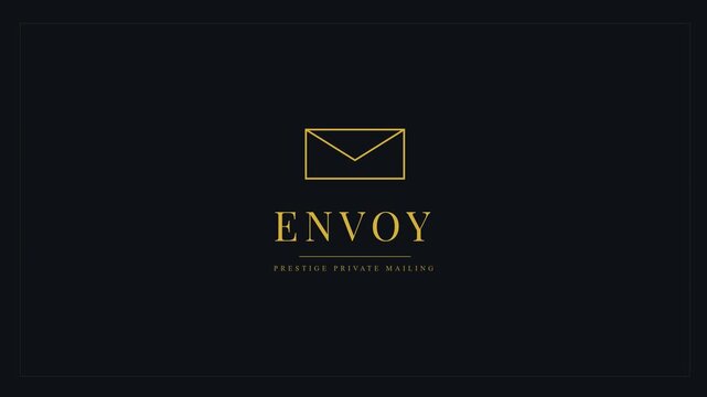 Minimalist motion graphics animation showing a luxury golden envelope icon with elegant serif typography for a premium mailing and courier service on a dark professional background.