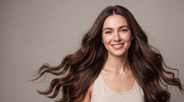 Woman with long flowing dark wavy hair turning and smiling.