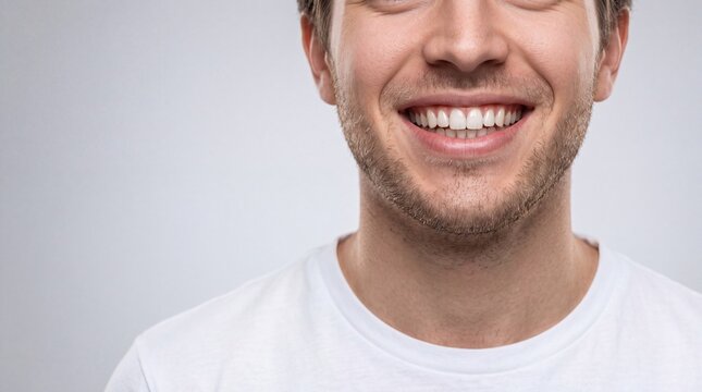 Smiling man showing healthy white teeth and a clean shaved face against a neutral background.