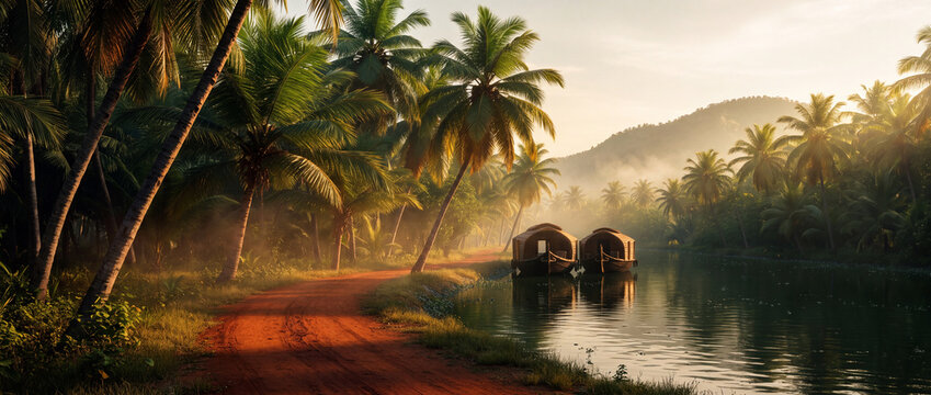 Serene Kerala backwaters at sunrise with traditional houseboats and palm trees along a rural dirt road