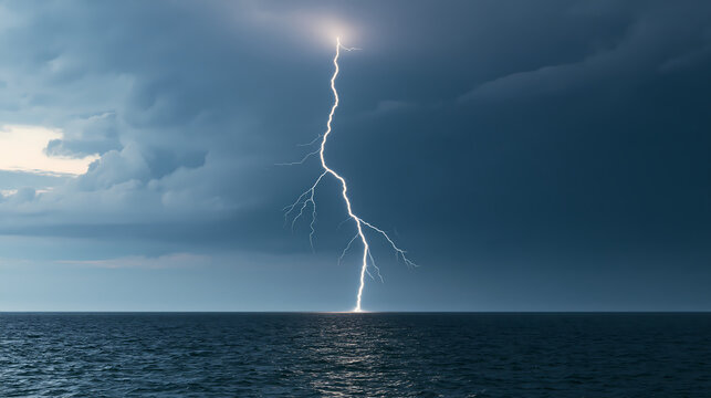Lightning strikes over the ocean during a storm