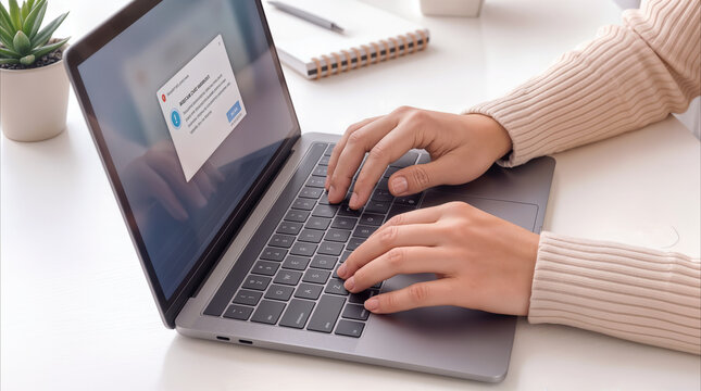 Person typing on laptop with error message pop-up on screen. Cyber security alert and technical problem during remote work at home office.