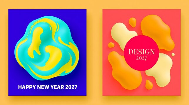 Vibrant fluid shapes swirl in bold, saturated colors. Happy New Year 2027 text anchors one design with festive cheer. Another features "Design 2027" in a bold red circle